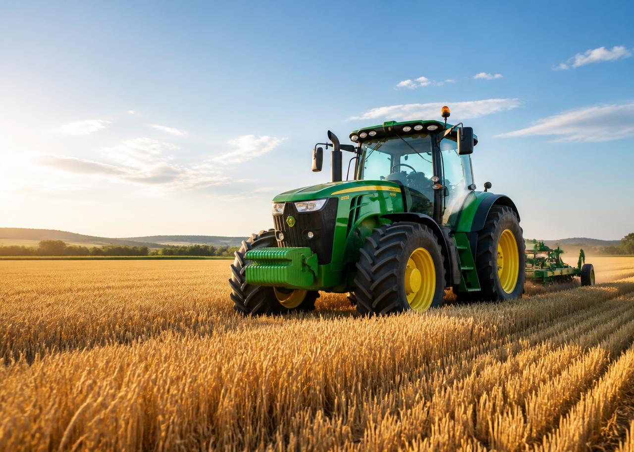Tractor working in a sunlit field