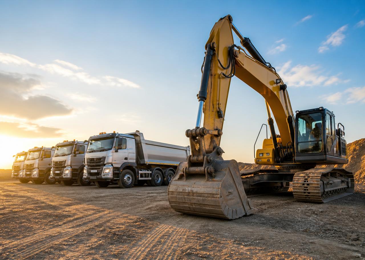 Truck fleet and excavator on a construction site